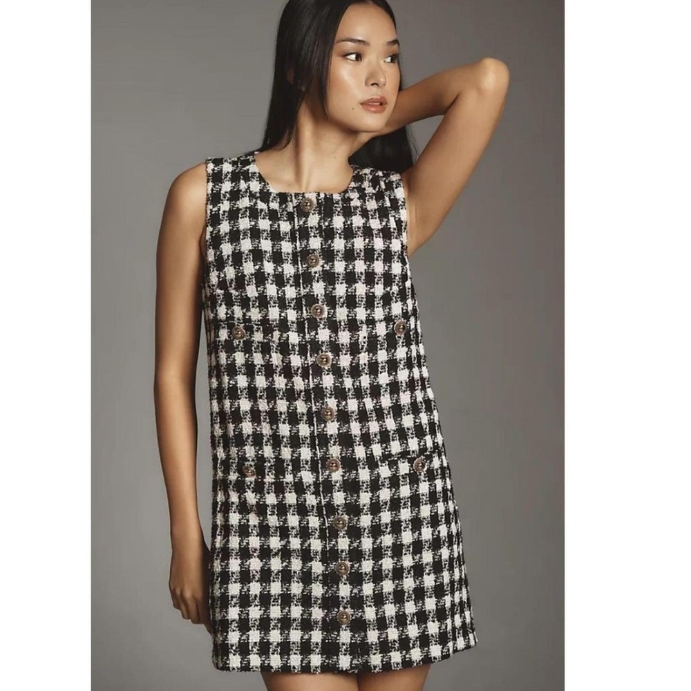 Reformation Gingham Tweed Mini Dress Womens 6 Black White Button Front Shift
